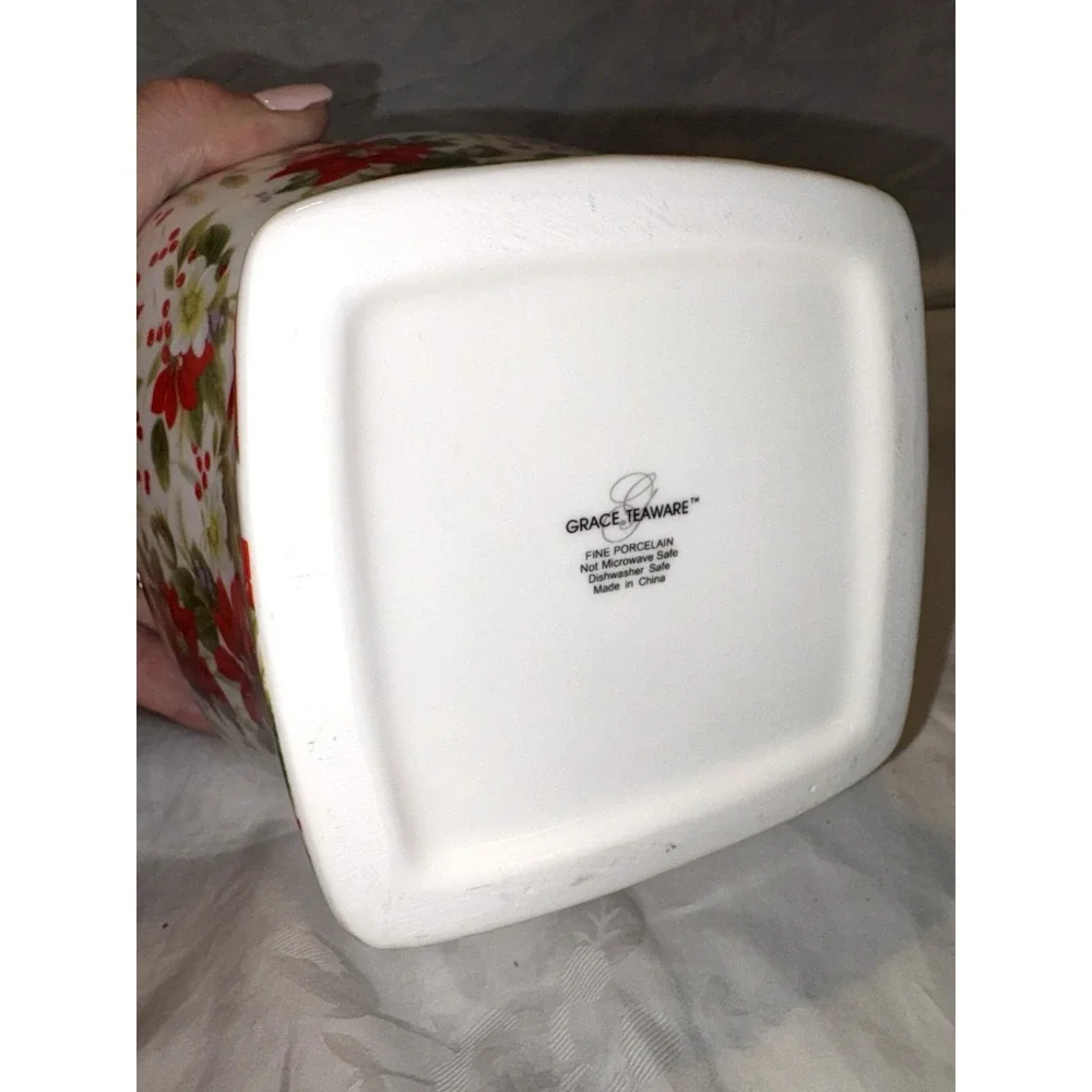 Grace Teaware Poinsettia HTF Ginger Jar Canister Red 8